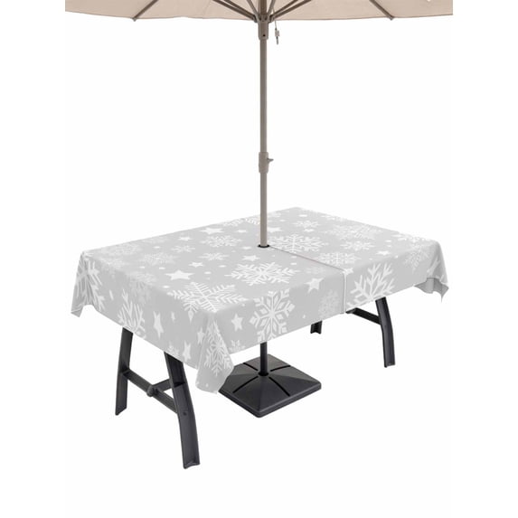 Outdoor Tablecloth with Umbrella Hole and Zipper, Grey Christmas Snowflakes Rectangle Table Cloth 54x80 Inch Waterproof Tablecloth, Xmas Winter Modern Picnic Table Cover for Patio Camping