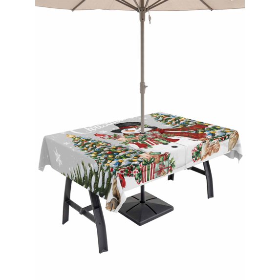 Outdoor Tablecloth with Umbrella Hole and Zipper, Grey Christmas Snowman Rectangle Table Cloth 60x102 Inch Waterproof Tablecloth, Xmas Tree Snowflake Botanical Picnic Table Cover for Patio Camping