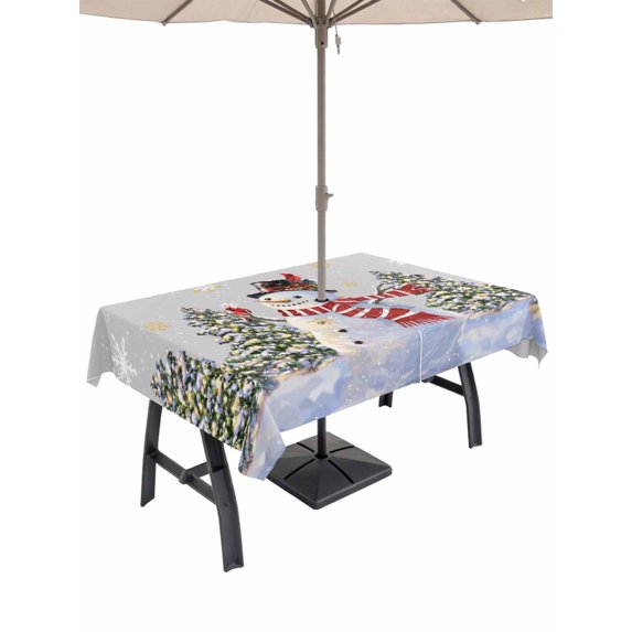 Outdoor Tablecloth with Umbrella Hole and Zipper, Grey Christmas Snowman Rectangle Table Cloth 60x84 Inch Waterproof Tablecloth, Winter Xmas Tree Snowflakes Picnic Table Cover for Patio Camping