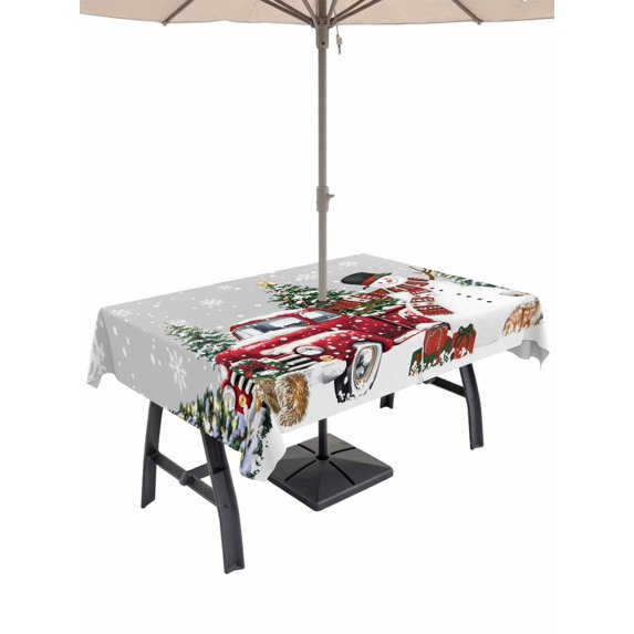 Outdoor Tablecloth with Umbrella Hole and Zipper, Grey Christmas Snowman Rectangle Table Cloth 60x84 Inch Waterproof Tablecloth, Xmas Truck Tree Snowflake Picnic Table Cover for Patio Camping