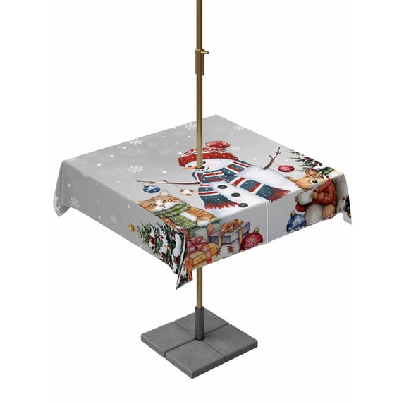 Outdoor Tablecloth with Umbrella Hole and Zipper, Grey Christmas Square Table Cloth 54x54 Inch Waterproof Tablecloth, Snowman Squirrel Cat Xmas Tree Snowflake Picnic Table Cover for Patio Camping
