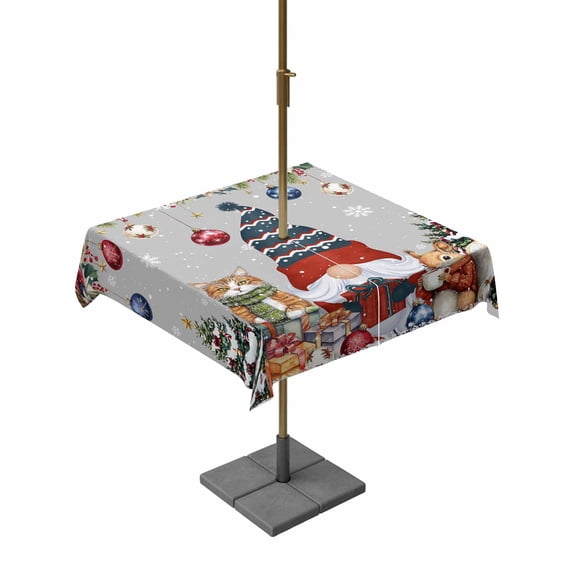 Outdoor Tablecloth with Umbrella Hole and Zipper, Grey Christmas Square Table Cloth 60x60 Inch Waterproof Tablecloth, Winter Gnomes Poinsettia Pine Tree Animals Picnic Table Cover for Patio Camping