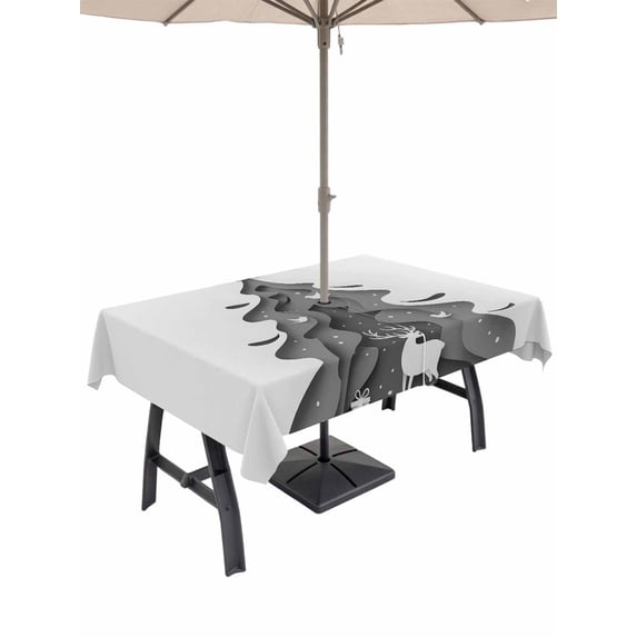 Outdoor Tablecloth with Umbrella Hole and Zipper, Grey Christmas Tree Rectangle Table Cloth 54x80 Inch Waterproof Tablecloth, Xmas Reindeer Modern Abstract Art Picnic Table Cover for Patio Camping