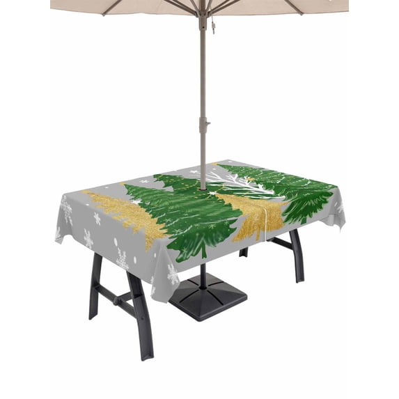 Outdoor Tablecloth with Umbrella Hole and Zipper, Grey Christmas Tree Rectangle Table Cloth 60x84 Inch Waterproof Tablecloth, Green Golden Xmas Tree Snowflake Winter Picnic Table Cover for Patio