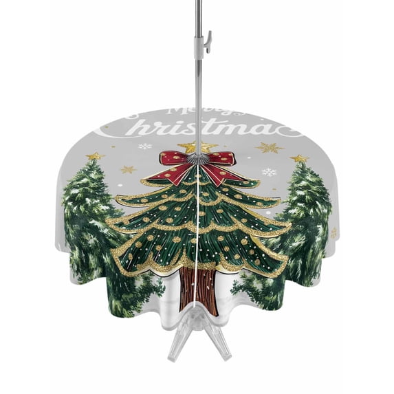 Outdoor Tablecloth with Umbrella Hole and Zipper, Grey Christmas Tree Round Table Cloth 54 Inch Waterproof Tablecloth, Snowflake Tree Xmas Picnic Table Cover for Patio Camping