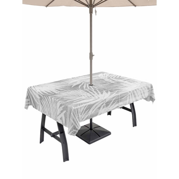Outdoor Tablecloth with Umbrella Hole & Zipper, Grey Coastal Palm Leaves Rectangle Tablecloth 52x70 Inch, Summer Botanical Tropical Patio Table Cover Waterproof Table Cloth for Picnic/Party