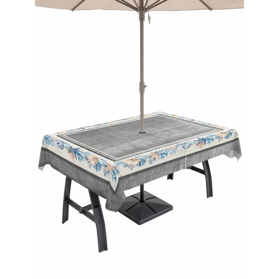 Outdoor Tablecloth with Umbrella Hole & Zipper, Grey Coastal Rectangle Tablecloth 60x84 Inch, Vintage Summer Beach Coral Shell Starfish Patio Table Cover Waterproof Table Cloth for Picnic/Party