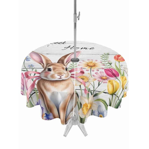 Outdoor Tablecloth with Umbrella Hole and Zipper, Grey Easter Round Table Cloth 60 Inch Waterproof Tablecloth, Spring Watercolor Tulip Flower Plant Wood Grain Picnic Table Cover for Patio Camping