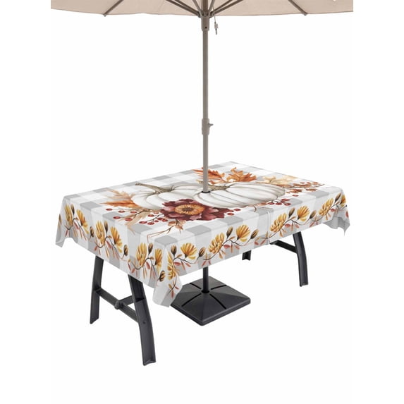 Outdoor Tablecloth with Umbrella Hole and Zipper, Grey Fall Rectangle Table Cloth 60x120 Inch Waterproof Tablecloth, Thanksgiving Maple Leaf Harvest Botanical Plaid Picnic Table Cover for Patio