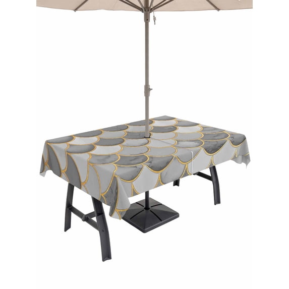 Outdoor Tablecloth with Umbrella Hole and Zipper, Grey Fish Scale Rectangle Table Cloth 60x84 Inch Waterproof Tablecloth, Modern Geometric Gold Abstract Moroccan Picnic Table Cover for Patio Camping