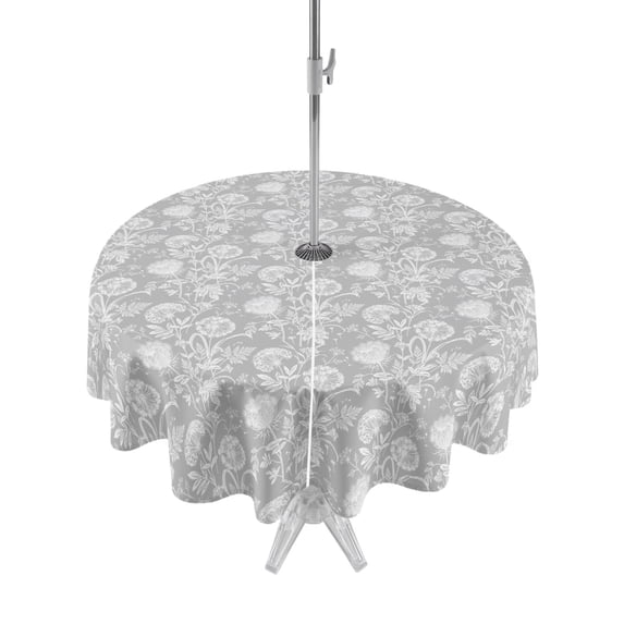 Outdoor Tablecloth with Umbrella Hole Zipper Grey Flowers Round Tablecloth 54" Waterproof Outside Table Cloth Cute Floral Botanical Farmhouse Patio Table Cover Tablecloths for Picnic Party