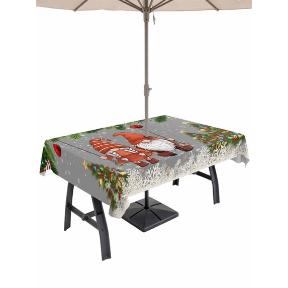 Outdoor Tablecloth with Umbrella Hole and Zipper, Grey Gnomes Christmas Rectangle Table Cloth 60x102 Inch Waterproof Tablecloth, Xmas Tree Balls Snowflake Picnic Table Cover for Patio Camping