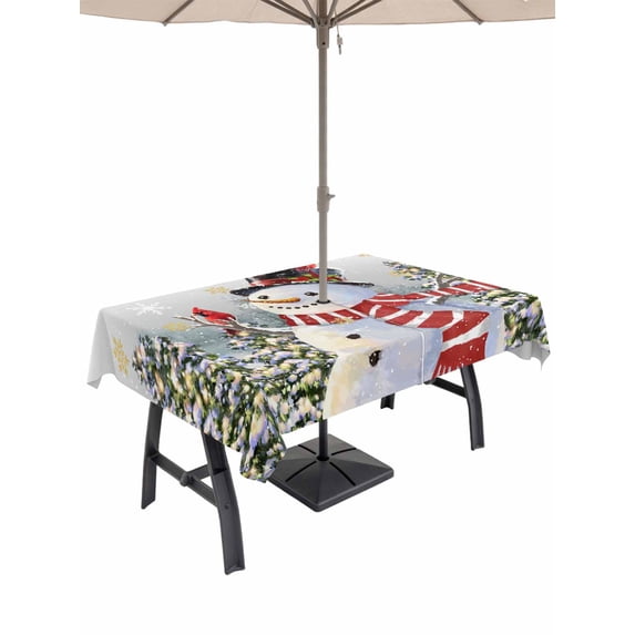 Outdoor Tablecloth with Umbrella Hole and Zipper, Grey Ombre Snowman Rectangle Table Cloth 60x120 Inch Waterproof Tablecloth, Christmas Tree Snowflake Winter Picnic Table Cover for Patio Camping