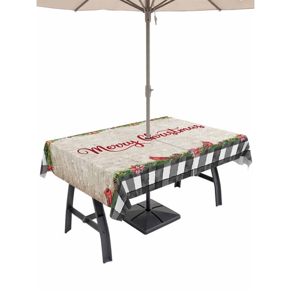 Outdoor Tablecloth with Umbrella Hole and Zipper, Grey Plaid Christmas Rectangle Table Cloth 54x80 Inch Waterproof Tablecloth, Xmas Snowflake Botanical Poinsettia Picnic Table Cover for Patio Camping