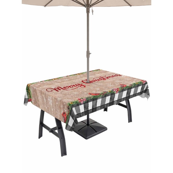Outdoor Tablecloth with Umbrella Hole and Zipper, Grey Plaid Christmas Rectangle Table Cloth 60x120 Inch Waterproof Tablecloth, Xmas Snowflake Botanical Poinsettia Wooden Picnic Table Cover for Patio