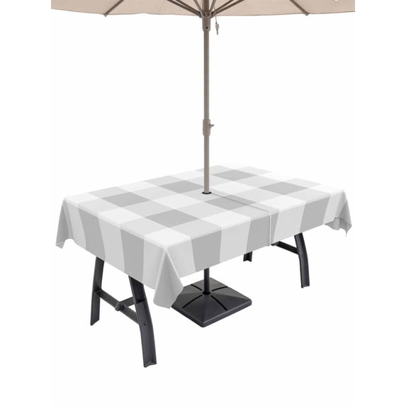 Outdoor Tablecloth with Umbrella Hole and Zipper, Grey Plaid Waterproof Patio Tablecloth for Dining 60''x84'', Spring Summer Farmhouse Buffalo Checkered Wipeable Table Cover for Picnic BBQ Party