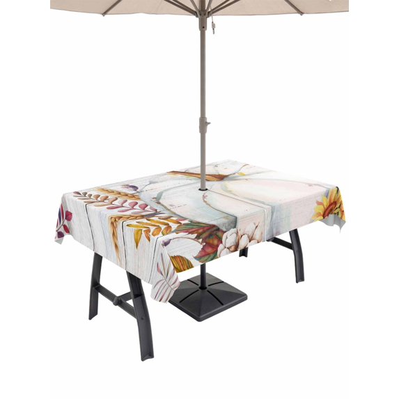 Outdoor Tablecloth with Umbrella Hole and Zipper, Grey Pumpkins Fall Rectangle Table Cloth 52x70 Inch Waterproof Tablecloth, Botanical Thanksgiving Maple Leaf Vintage Picnic Table Cover for Patio