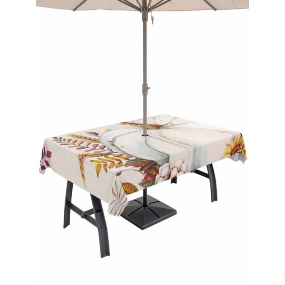 Outdoor Tablecloth with Umbrella Hole and Zipper, Grey Pumpkins Fall Rectangle Table Cloth 60x120 Inch Waterproof Tablecloth, Botanical Thanksgiving Maple Leaf Rustic Picnic Table Cover for Patio