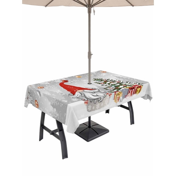 Outdoor Tablecloth with Umbrella Hole and Zipper, Grey Red Christmas Rectangle Table Cloth 60x120 Inch Waterproof Tablecloth, Snowflake Gnomes Xmas Tree Winter Gifts Picnic Table Cover for Patio