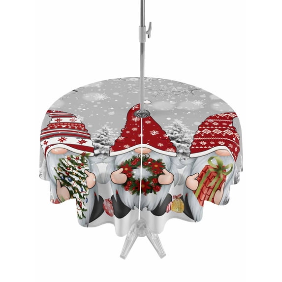 Outdoor Tablecloth with Umbrella Hole and Zipper, Grey Red Christmas Round Table Cloth 60 Inch Waterproof Tablecloth, Gnomes Xmas Tree Snowflake Gifts Birds Picnic Table Cover for Patio Camping