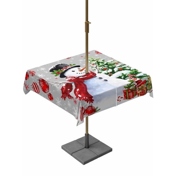 Outdoor Tablecloth with Umbrella Hole and Zipper, Grey Red Christmas Square Table Cloth 54x54 Inch Waterproof Tablecloth, Snowman Xmas Tree Ball Gifts Winter Picnic Table Cover for Patio Camping