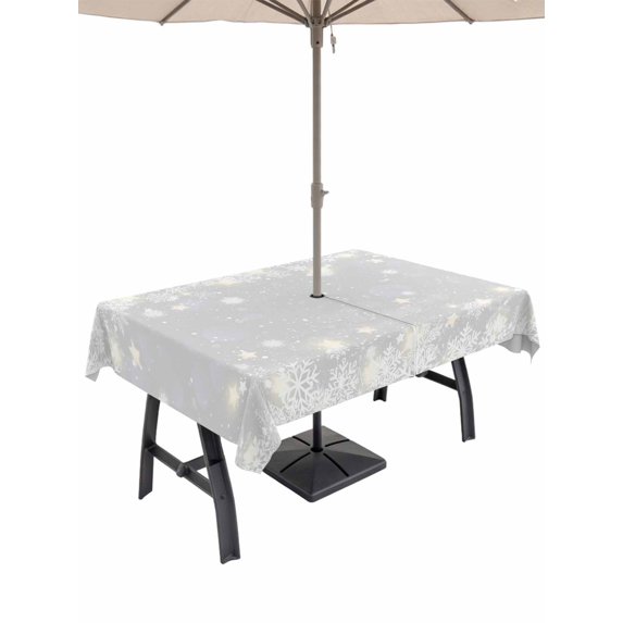 Outdoor Tablecloth with Umbrella Hole and Zipper, Grey Snowflake Christmas Rectangle Table Cloth 54x80 Inch Waterproof Tablecloth, Winter Xmas Snowflake Farmhouse Picnic Table Cover for Patio Camping