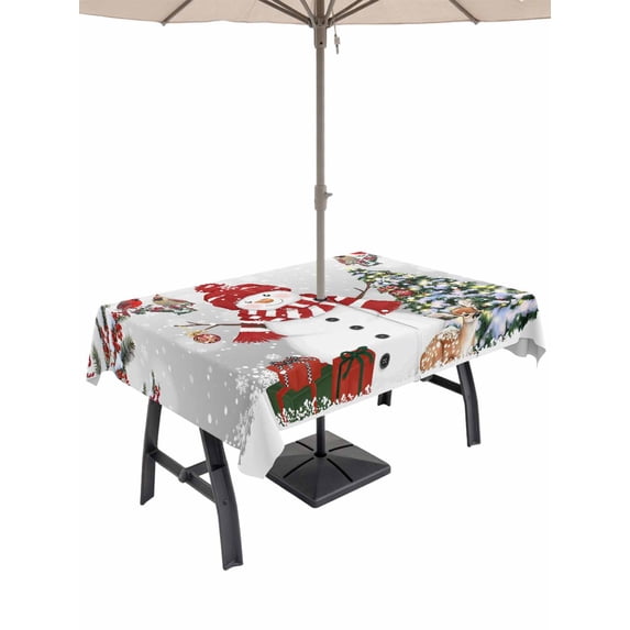 Outdoor Tablecloth with Umbrella Hole and Zipper, Grey Snowman Christmas Rectangle Table Cloth 54x80 Inch Waterproof Tablecloth, Xmas Tree Branch Birds Picnic Table Cover for Patio Camping