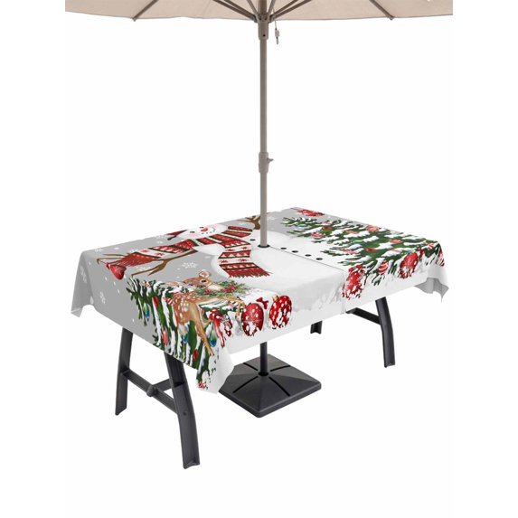 Outdoor Tablecloth with Umbrella Hole and Zipper, Grey Snowman Christmas Rectangle Table Cloth 60x120 Inch Waterproof Tablecloth, Xmas Tree Ball Snowflake Winter Elk Picnic Table Cover for Patio