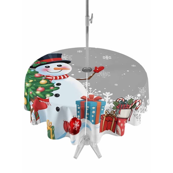 Outdoor Tablecloth with Umbrella Hole and Zipper, Grey Snowman Christmas Round Table Cloth 60 Inch Waterproof Tablecloth, Gifts Xmas Tree Winter Snowflake Picnic Table Cover for Patio Camping