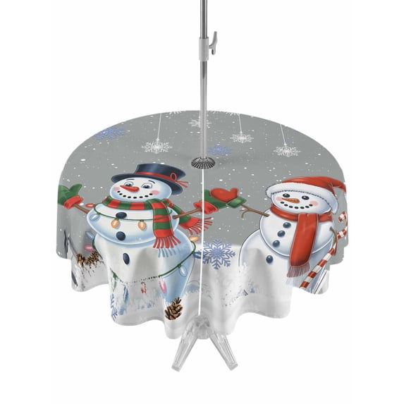 Outdoor Tablecloth with Umbrella Hole and Zipper, Grey Snowman Christmas Round Table Cloth 60 Inch Waterproof Tablecloth, Xmas Snowflake Winter Ball Picnic Table Cover for Patio Camping