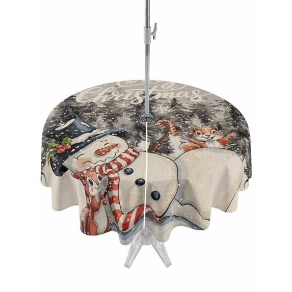 Outdoor Tablecloth with Umbrella Hole and Zipper, Grey Snowman Christmas Round Table Cloth 60 Inch Waterproof Tablecloth, Xmas Tree Rustic Snowflake Picnic Table Cover for Patio Camping