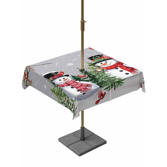 Outdoor Tablecloth with Umbrella Hole and Zipper, Grey Snowman Christmas Square Table Cloth 54x54 Inch Waterproof Tablecloth, Xmas Tree Snowflake Winter Birds Picnic Table Cover for Patio Camping