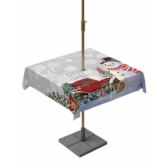 Outdoor Tablecloth with Umbrella Hole and Zipper, Grey Snowman Christmas Square Table Cloth 60x60 Inch Waterproof Tablecloth, Snowflake Red Truck Xmas Tree Gifts Picnic Table Cover for Patio Camping