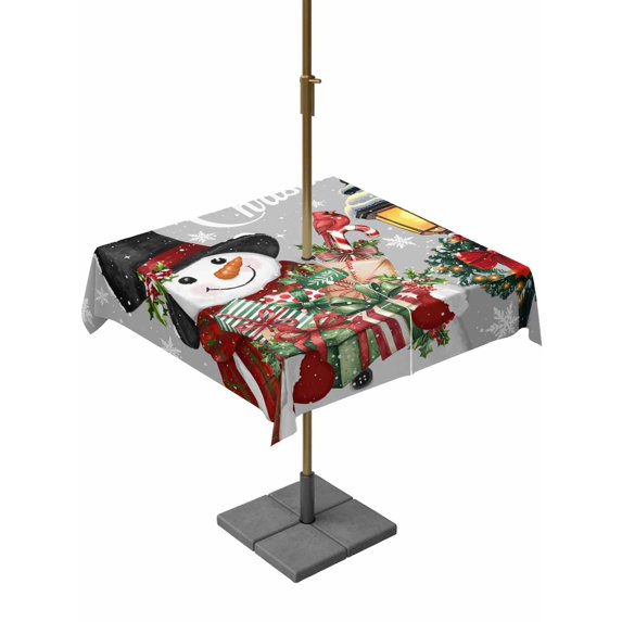 Outdoor Tablecloth with Umbrella Hole and Zipper, Grey Snowman Christmas Square Table Cloth 60x60 Inch Waterproof Tablecloth, Xmas Snowflake Botanical Picnic Table Cover for Patio Camping