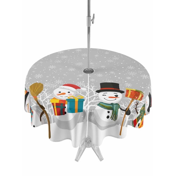 Outdoor Tablecloth with Umbrella Hole and Zipper, Grey Snowman Round Table Cloth 60 Inch Waterproof Tablecloth, Christmas Winter Snowflake Xmas Tree Picnic Table Cover for Patio Camping