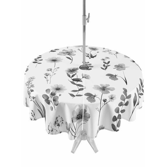 Outdoor Tablecloth with Umbrella Hole and Zipper, Grey Spring Floral Round Table Cloth 60 Inch Waterproof Tablecloth, Flowers Botanical Elegant Pastoral Picnic Table Cover for Patio Camping