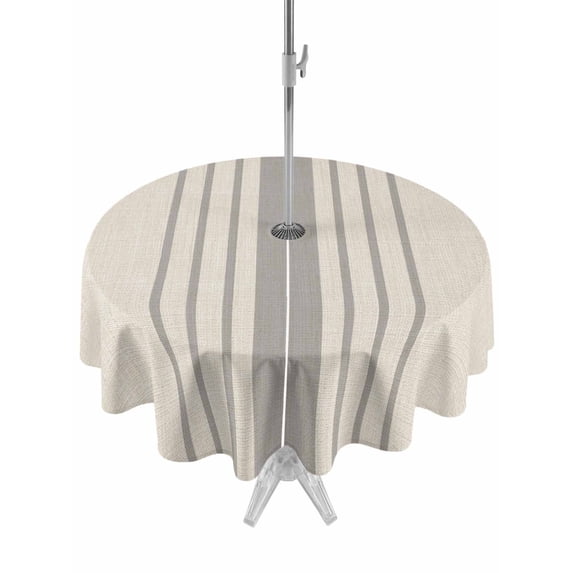 Outdoor Tablecloth with Umbrella Hole Zipper Grey Striped Round Tablecloth 54" Waterproof Outside Table Cloth Beige Geometric Modern Minimalist Patio Table Cover Tablecloths for Picnic Party