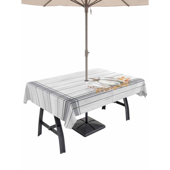 Outdoor Tablecloth with Umbrella Hole and Zipper, Grey White Pumpkin Rectangle Table Cloth 60x120 Inch Waterproof Tablecloth, Thanksgiving Fall Leaf Stripe Wooden Picnic Table Cover for Patio Camping