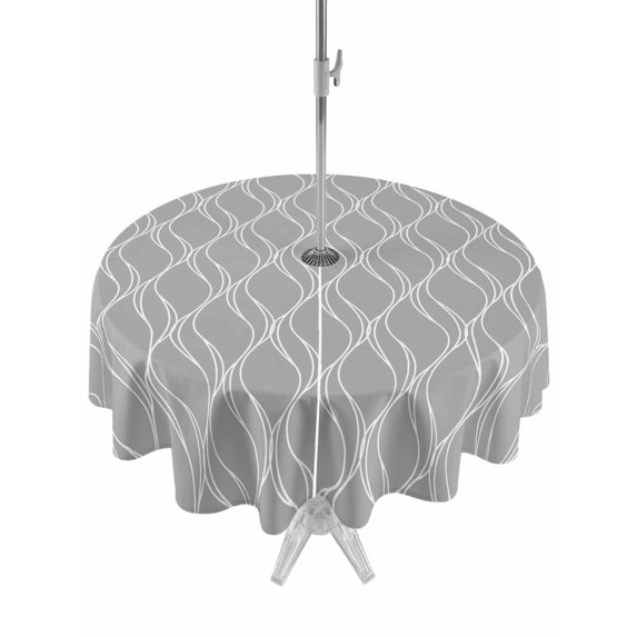 Outdoor Tablecloth with Umbrella Hole and Zipper, Grey White Stripes Round Table Cloth 54 Inch Waterproof Tablecloth, Simple Geometric Modern Monochrome Picnic Table Cover for Patio Camping