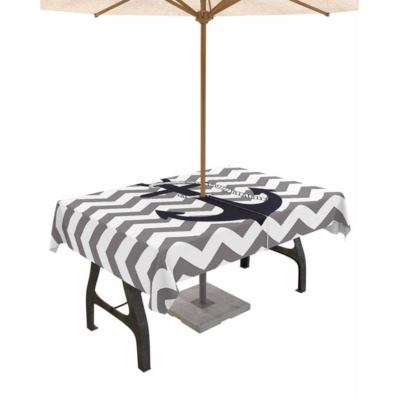 Outdoor Tablecloth with Umbrella Hole & Zipper, Grey Zigzag Rectangle Tablecloth 60x102 Inch, Coastal Nautical Anchor Stripes Patio Table Cover Waterproof Table Cloth for Picnic/Party