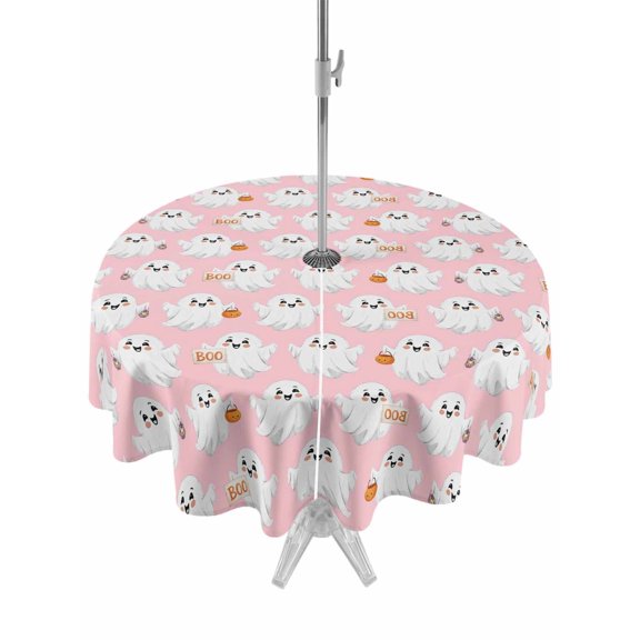 Outdoor Tablecloth with Umbrella Hole and Zipper, Halloween Cute Ghost Round Table Cloth 54 Inch Waterproof Tablecloth, Cartoon Pumpkins Pink Watercolor Picnic Table Cover for Patio Camping