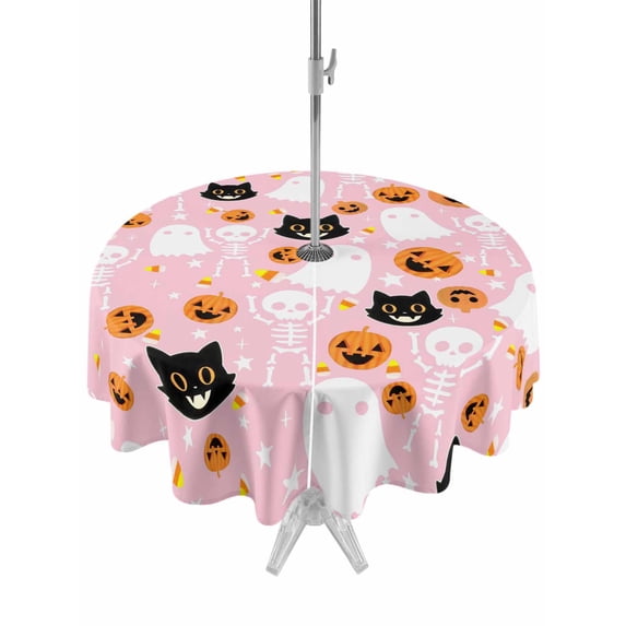 Outdoor Tablecloth with Umbrella Hole and Zipper, Halloween Pink Round Table Cloth 60 Inch Waterproof Tablecloth, Black White Ghost Orange Skull Pumpkin Picnic Table Cover for Patio Camping