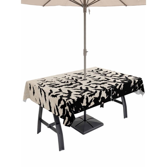 Outdoor Tablecloth with Umbrella Hole and Zipper, Halloween Rectangle Table Cloth 52x70 Inch Waterproof Tablecloth, Beige Rustic Horror Bat Spooky Halloween Picnic Table Cover for Patio Camping