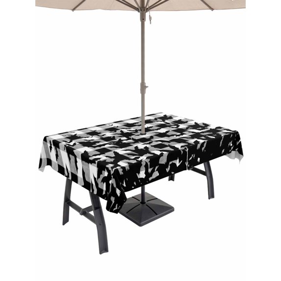 Outdoor Tablecloth with Umbrella Hole and Zipper, Halloween Rectangle Table Cloth 52x70 Inch Waterproof Tablecloth, Black White Plaid Horror Bat Spooky Halloween Picnic Table Cover for Patio Camping
