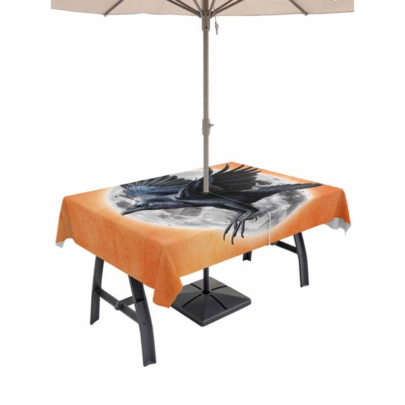 Outdoor Tablecloth with Umbrella Hole and Zipper, Halloween Rectangle Table Cloth 52x70 Inch Waterproof Tablecloth, Crow Branches Fall Full Moon Black Orange Picnic Table Cover for Patio Camping