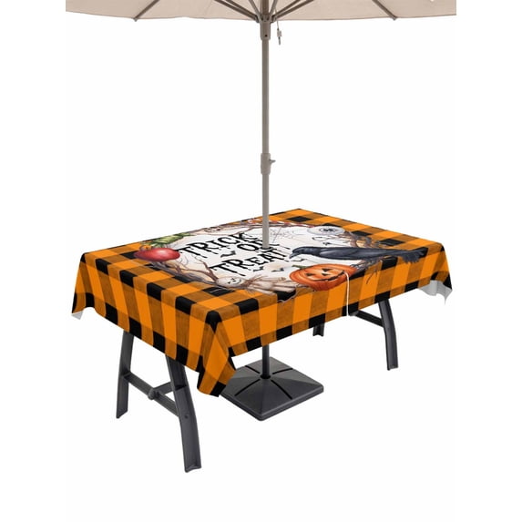 Outdoor Tablecloth with Umbrella Hole and Zipper, Halloween Rectangle Table Cloth 54x80 Inch Waterproof Tablecloth, Horror Pumpkin Crow Skull Orange Black Checkered Picnic Table Cover for Patio