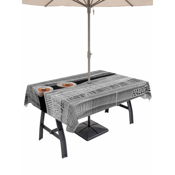 Outdoor Tablecloth with Umbrella Hole and Zipper, Halloween Rectangle Table Cloth 54x80 Inch Waterproof Tablecloth, Red Eyes Spooky Ghost Black Grey Picnic Table Cover for Patio Camping