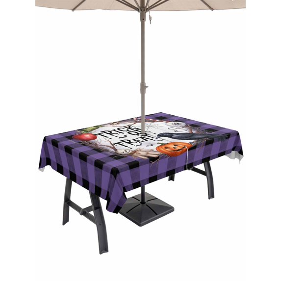 Outdoor Tablecloth with Umbrella Hole and Zipper, Halloween Rectangle Table Cloth 60x102 Inch Waterproof Tablecloth, Horror Pumpkin Crow Skull Purple Black Checkered Picnic Table Cover for Patio