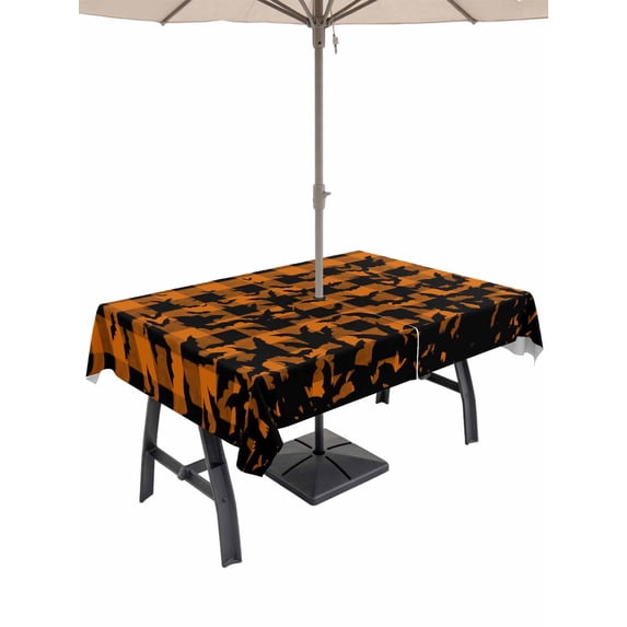 Outdoor Tablecloth with Umbrella Hole and Zipper, Halloween Rectangle Table Cloth 60x120 Inch Waterproof Tablecloth, Orange Black Paid Horror Bat Spooky Halloween Picnic Table Cover for Patio Camping