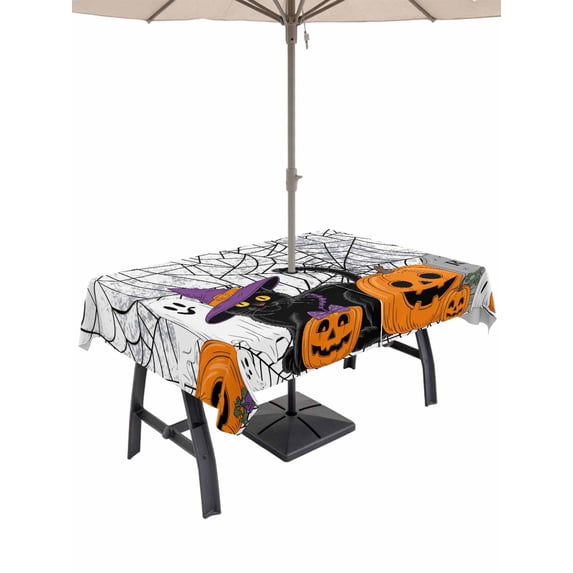 Outdoor Tablecloth with Umbrella Hole and Zipper, Halloween Rectangle Table Cloth 60x84 Inch Waterproof Tablecloth, Fall Ghost Pumpkin Black Spiderwebs Cat Picnic Table Cover for Patio Camping